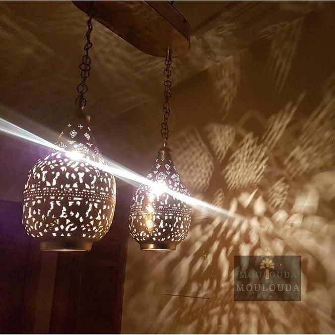 2 Pieces Moroccan Chandelier, Designer Ceiling Lamp, Hinge + 2 Drop lights, Handmade in our Workshop Golden Glory Limited