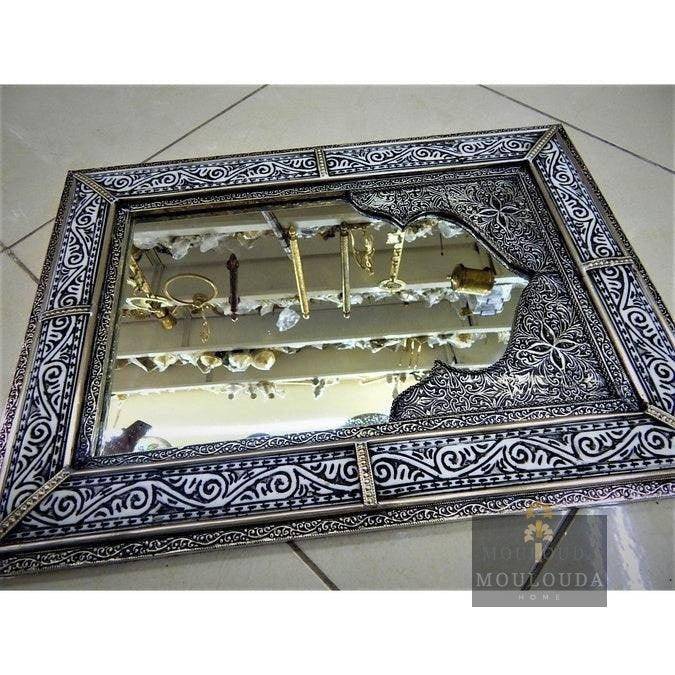 Moroccan Mirror, Handmade craft, White Copper and Wood 60cm/40cm